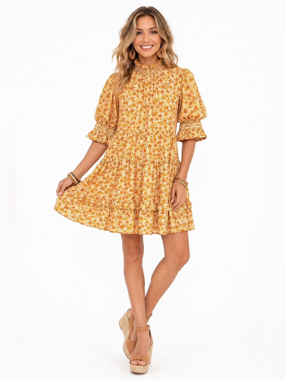Tuckernuck Hyacinth House Burnt Orange Floral Sawyer Tiered Mini Dress Large